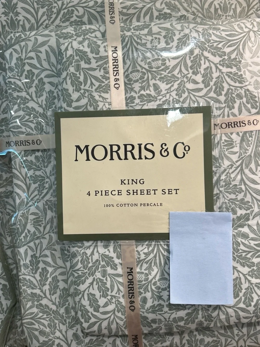 WILLIAM MORRIS & Co Green White Leaves Acorns  King Sheet Set 4 PC NEW